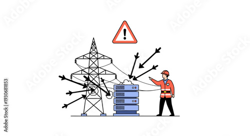 Electrical Safety Engineer Working on Power Grid with Warning Sign. Vector Illustrations. EPS Editable