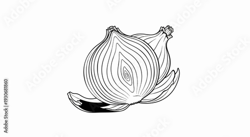 Two halved onions, one cut open, with outer layers and roots