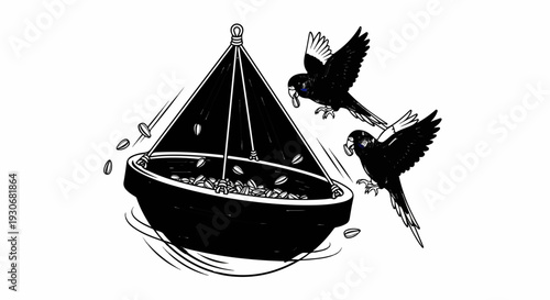 Two black birds with white markings dive toward a hanging bird feeder filled with seeds