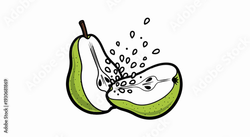 Two halves of a green pear, revealing seeds scattering outwards