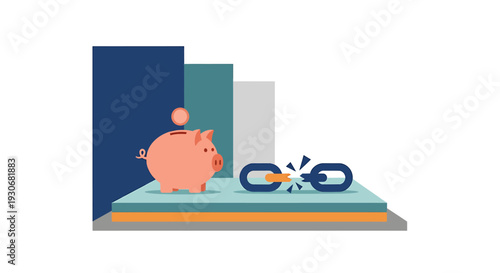 Financial Crisis and Economic Downturn with Broken Chain and Piggy Bank. Vector Illustrations. EPS Editable