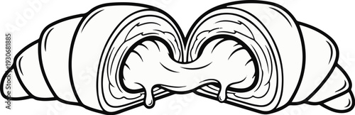 Two halves of a croissant are filled with melted, gooey cheese