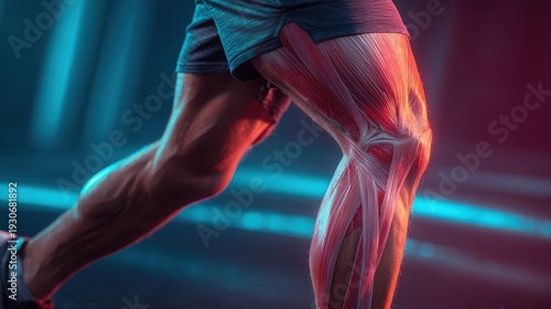 Close-up of an athlete's muscular leg in a dynamic sprint, showcasing anatomical detail and intense motion