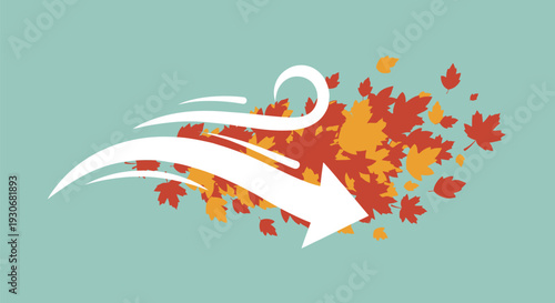 Digital illustration depicting a strong gust of wind carrying an abundant swirl of colorful red and yellow autumn maple leaves.