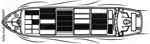 Top-down view of a stylized cargo ship loaded with containers
