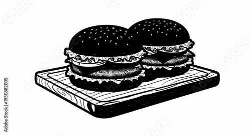 Two black burgers with toppings served on a wooden board