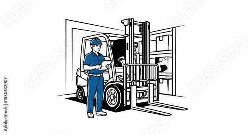 Warehouse worker with clipboard inspects forklift and stacked boxes