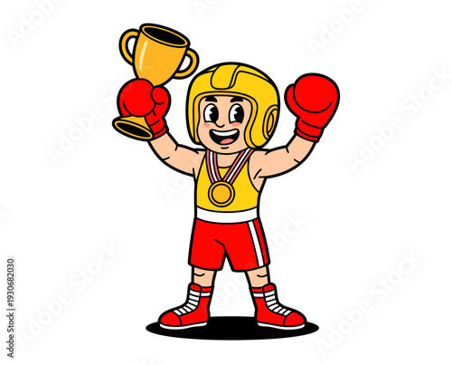 A cartoon illustration of a triumphant female boxer holding a trophy and wearing red boxing gloves and shorts.