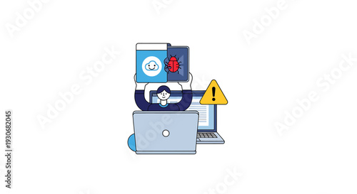 Man Overwhelmed by Digital Devices and Workload with Warning Sign. Vector Illustrations. EPS Editable