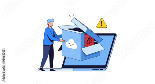 Man Unboxing Software Package from Laptop Screen. Vector Illustrations. EPS Editable