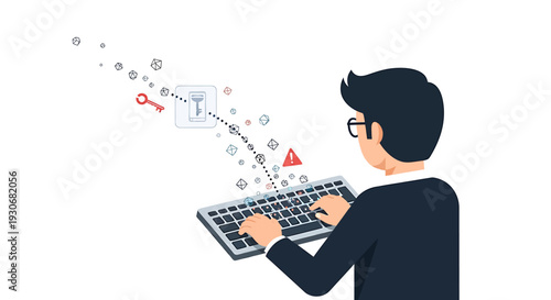 Man Typing on Keyboard with Data Flow and Security Icons. Vector Illustrations. EPS Editable