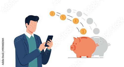 Man Using Phone for Online Banking and Saving Money in Piggy Bank. Vector Illustrations. EPS Editable