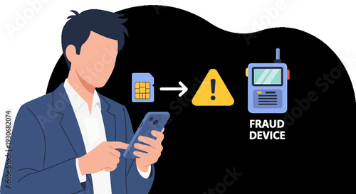 Man Using Smartphone with SIM Card and Fraud Device Warning. Vector Illustrations. EPS Editable