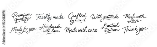 Collection of handwritten calligraphy phrases for product packaging and branding