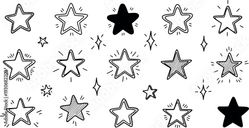 A collection of black and white star illustrations with varying designs and sizes