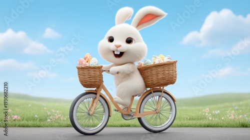 Cute Easter Bunny Riding Bicycle with Woven Basket Full of Colorful Eggs in a Sunny Spring Landscape