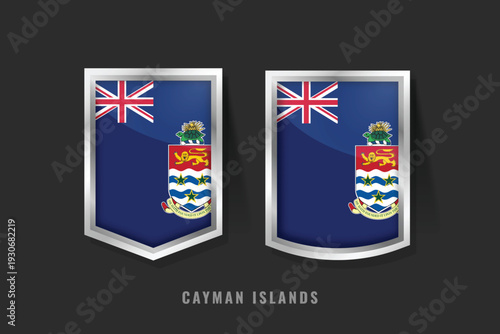 Detailed 3D vector illustration of Cayman Islands flag badges. Glossy metallic shields featuring the Blue Ensign with the turtle and pineapple coat of arms for Caribbean territory designs