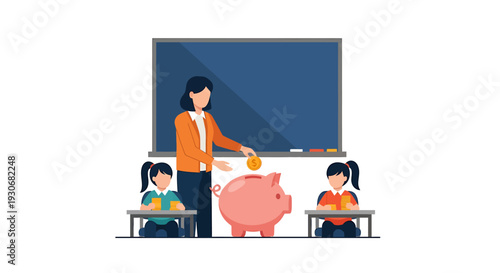 Teacher and students saving money in piggy bank for education. Vector Illustrations. EPS Editable