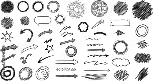Collection of various black and white illustration arrows and shapes
