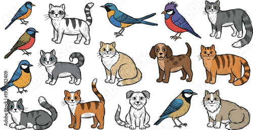 Colorful illustration of various pets including cats dogs and birds together
