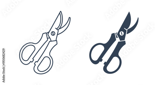 Two illustrations of pruning shears one outlined and one solid silhouette