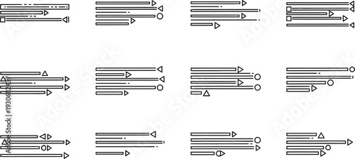 A collection of twelve grayscale diagrams with horizontal lines and symbols