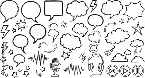 A collection of various comic book style speech bubbles and sound effects illustrations