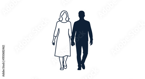 Couple walking hand in hand depicted as a striking outline silhouette