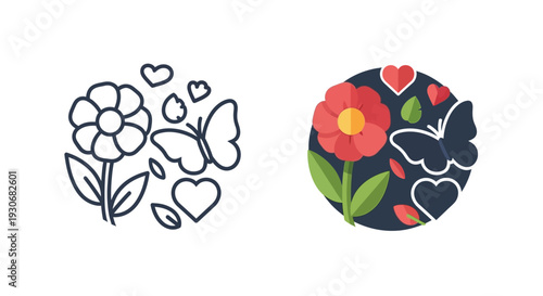 Floral designs featuring flowers butterflies and hearts in contrasting styles silhouette