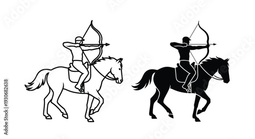 Archer on horseback depicted in two styles line art and silhouette
