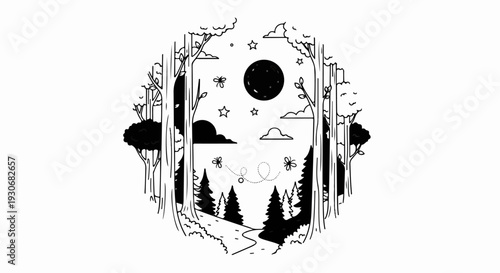 Whimsical forest path under a starry, moonlit night sky with butterflies