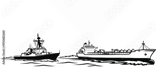 Two ships sail on the wavy sea, one a warship, the other a tanker