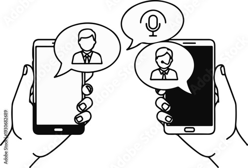 Two hands holding smartphones, communicating via speech bubbles with icons