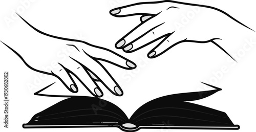 Two hands reach towards an open book with black pages