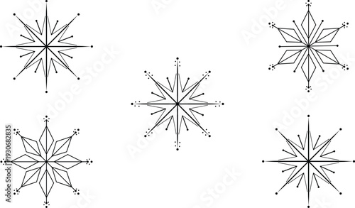 Set of black snowflake icons geometric on transparent background
