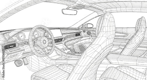 Wireframe view of a modern car interior, showing seats, dashboard, and steering wheel