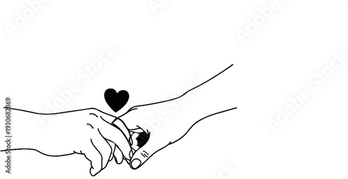 Two hands tenderly entwined, a black heart hovering above