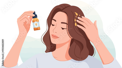 Woman applying oil to hair with a dropper bottle