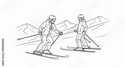 Two skiers in ski gear on a snowy mountain slope with poles