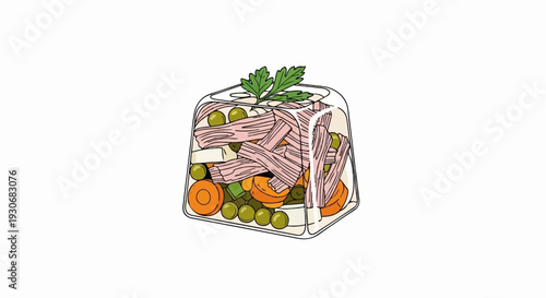 Transparent cube dish with layered meat, peas, carrots, and parsley