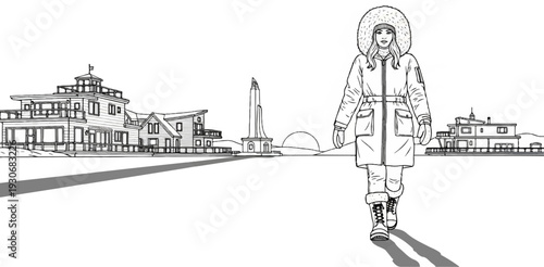 Woman in fur-lined coat walks past coastal buildings and monument