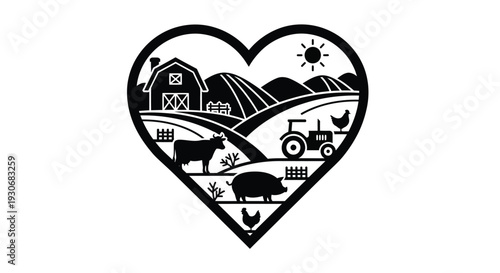 Heart shaped farm scene depicting rural life in black silhouette