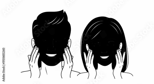 Two smiling people applying cream or lotion to their faces and ears