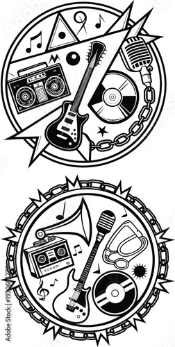 Grunge vector illustration of a black skull and crossbones symbol with rock music speakers for a dark urban party sound design art sign