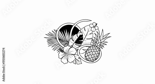 Tropical arrangement with pineapple, hibiscus, and palm leaves inside rings