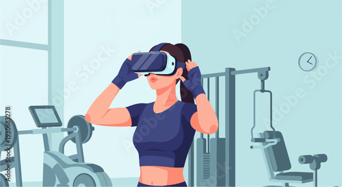 Woman in gym wearing VR headset, adjusting it