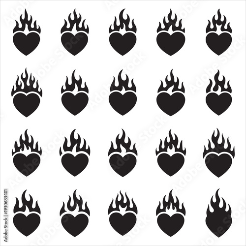 Black Flaming Heart Silhouette Vector Set Minimalist Sacred Heart