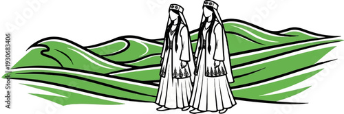 Two women in traditional attire stand before stylized green hills