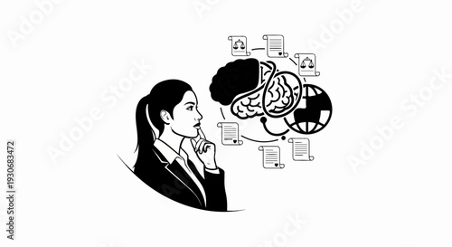 Woman in suit contemplates ideas about global law and intellect