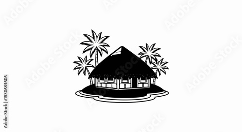 Tropical hut with palm trees on a small island